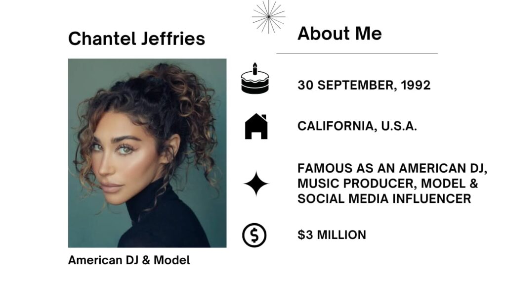 Chantel Jeffries Net Worth, Husband, Wiki, Age, Height, Parents, Modeling and Career Chantel Jeffries is a recognized American DJ, model, actress, and social media influencer. She rose to popularity with her music.