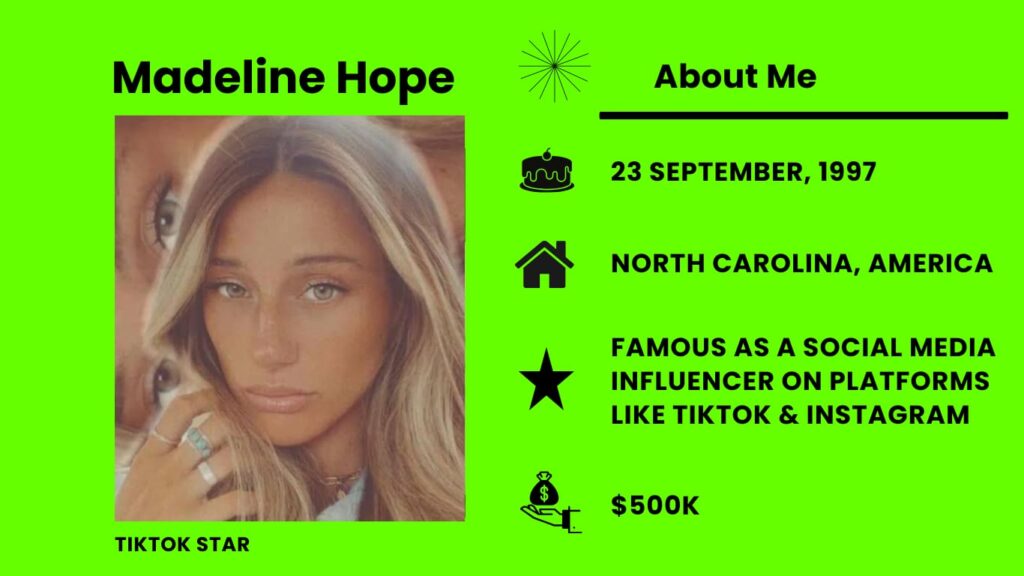 Madeline Hope Net Worth, Wiki, Height, Age, Family, Boyfriend and Career Madeline Hope is an American fashion influencer, model, and TikTok star from North Carolina.