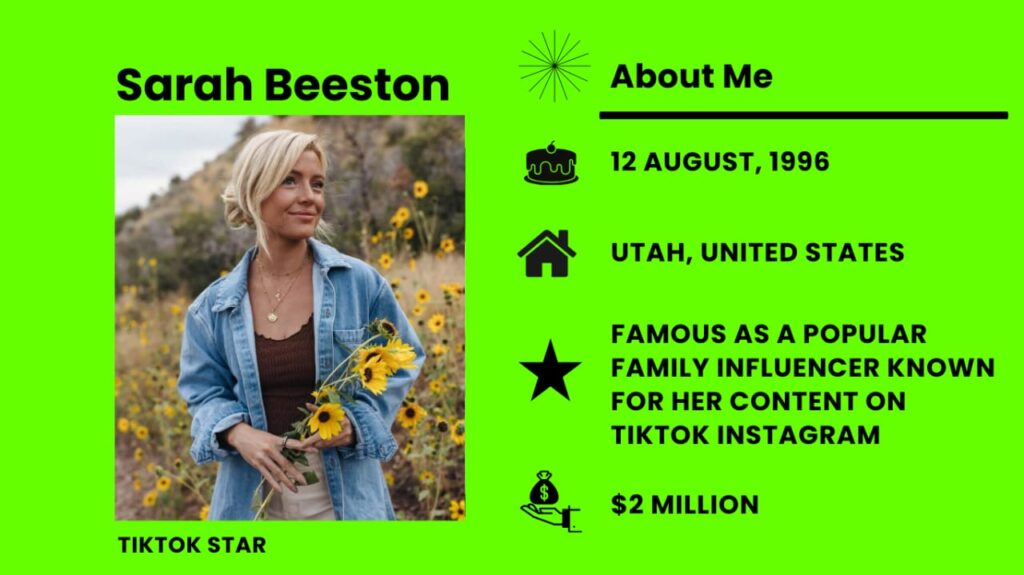 Sarah Beeston Net Worth, Wiki, Height, Age, Family, Husband and Career Sarah Beeston is a TikTok star, Instagram star, YouTuber, and makes content for social media from America.