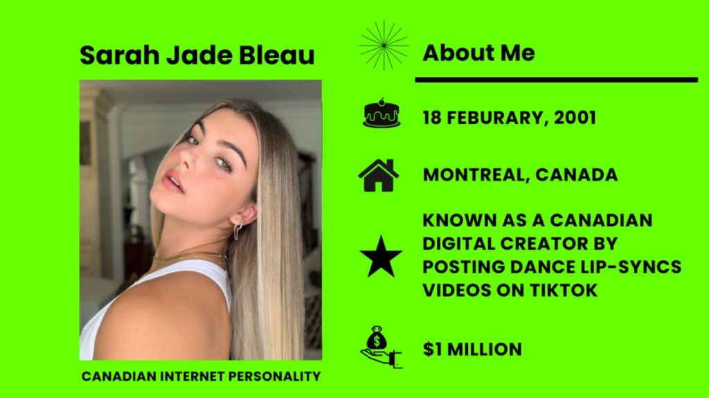 Sarah Jade Bleau Net Worth, Wiki, Height, Age, Family, Boyfriend and Career Sarah Jade Bleau is a content creator on TikTok, Instagram, a model well-known person on social media from Canada.
