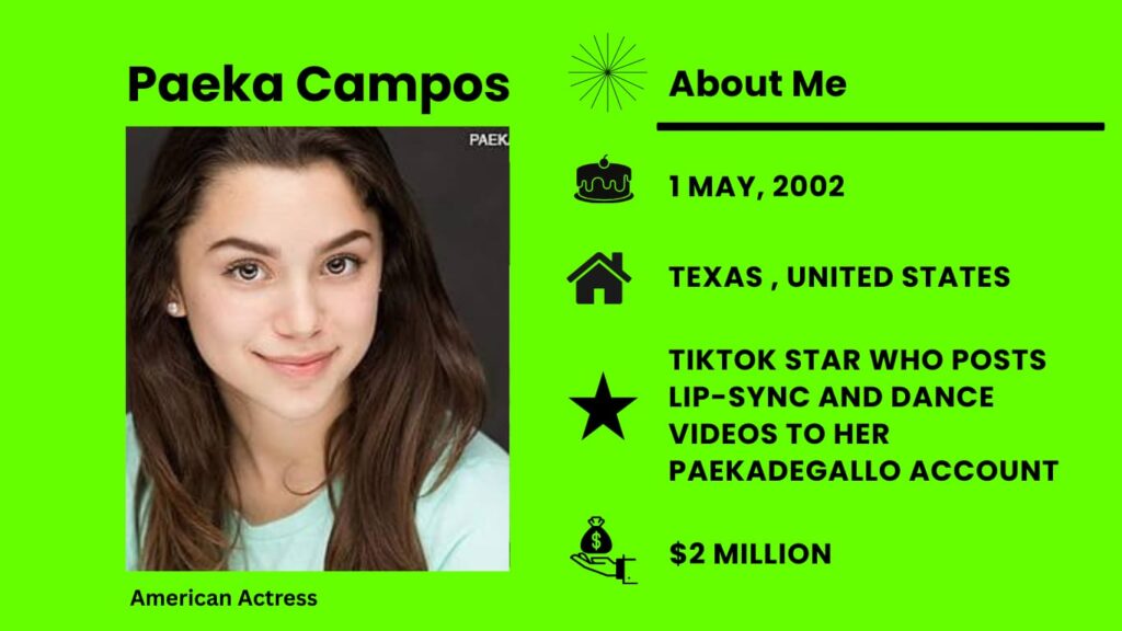 Paeka Campos Net Worth, Wiki, Height, Age, Family, Boyfriend and Career Paeka Campos, also called Paeka, is an American person on TikTok, an actress, and someone known on social media.