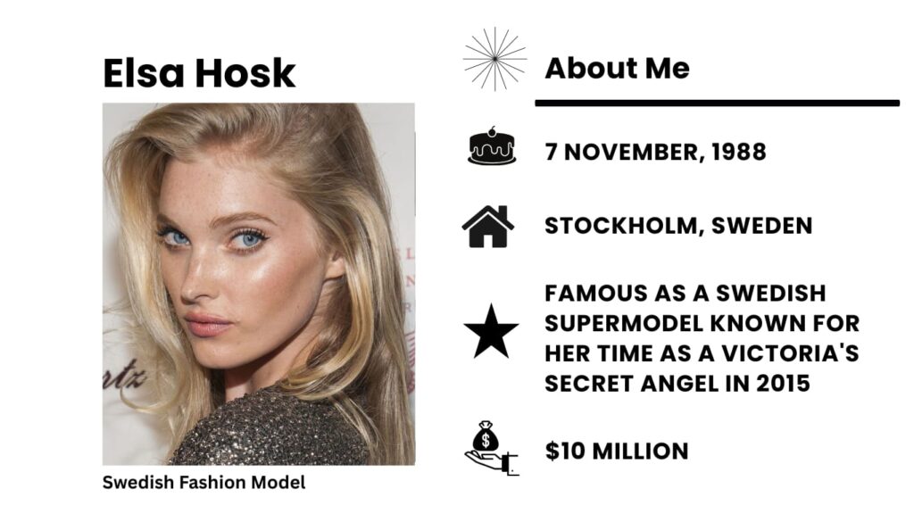 Elsa Hosk Net Worth, Wiki, Height, Age, Family, Husband and Career Elsa Hosk is a model from Sweden who also played basketball and started a fashion career after becoming a Victoria’s Secret Angel.