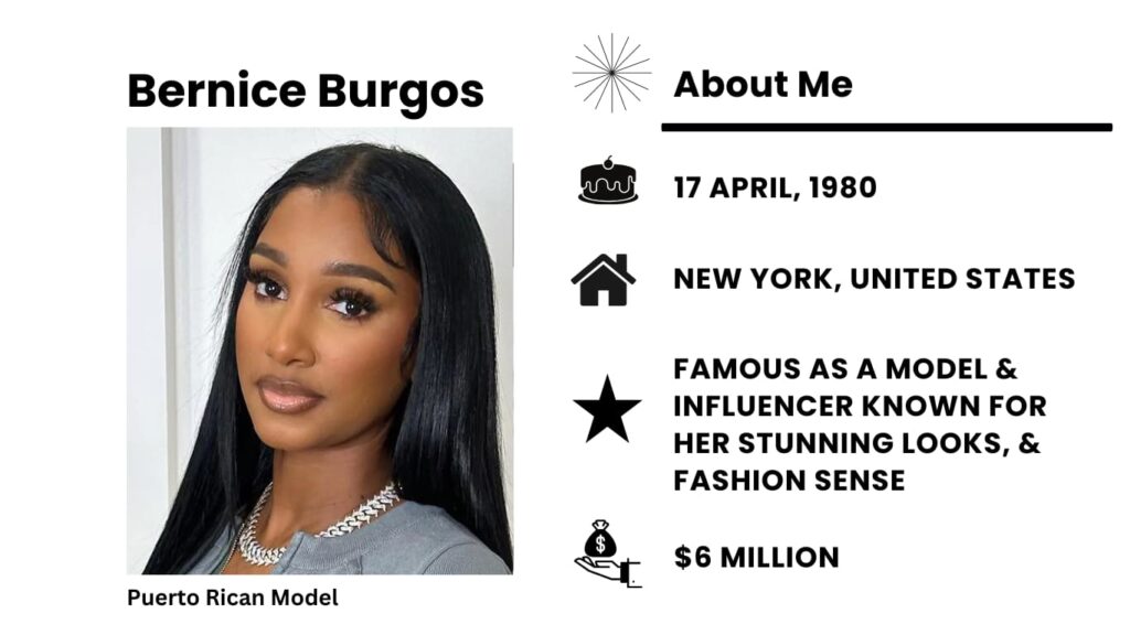 Bernice Burgos Net Worth, Wiki, Height, Age, Family, Boyfriend and Career Bernice Burgos was born on April 17, 1980 is an American model, a media star, and a video personality from New York.