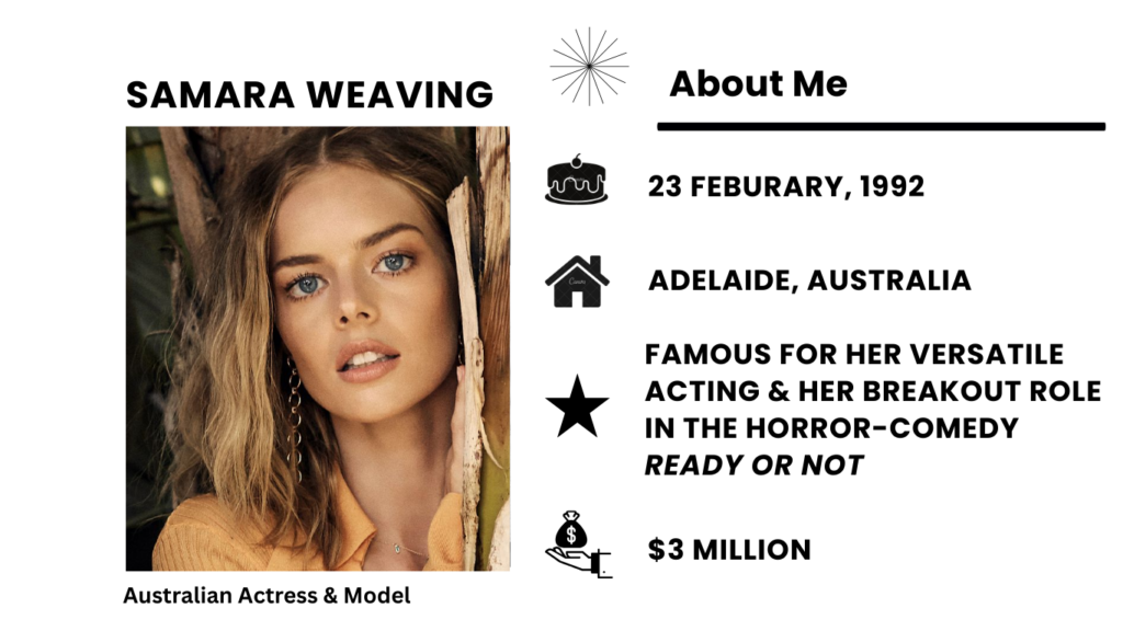 Samara Weaving Net Worth, Wiki, Height, Age, Family, Husband and Career Samara Weaving born 23 February 1992 is an Australian actress who has won awards and worked as a model for a long time.
