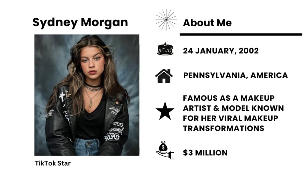 Sydney Morgan Net Worth, Wiki, Height, Age, Family, Boyfriend and Career Sydney Morgan is a famous person on TikTok and YouTube, also working as an actress, model, social media personality, makeup expert, and online celebrity.