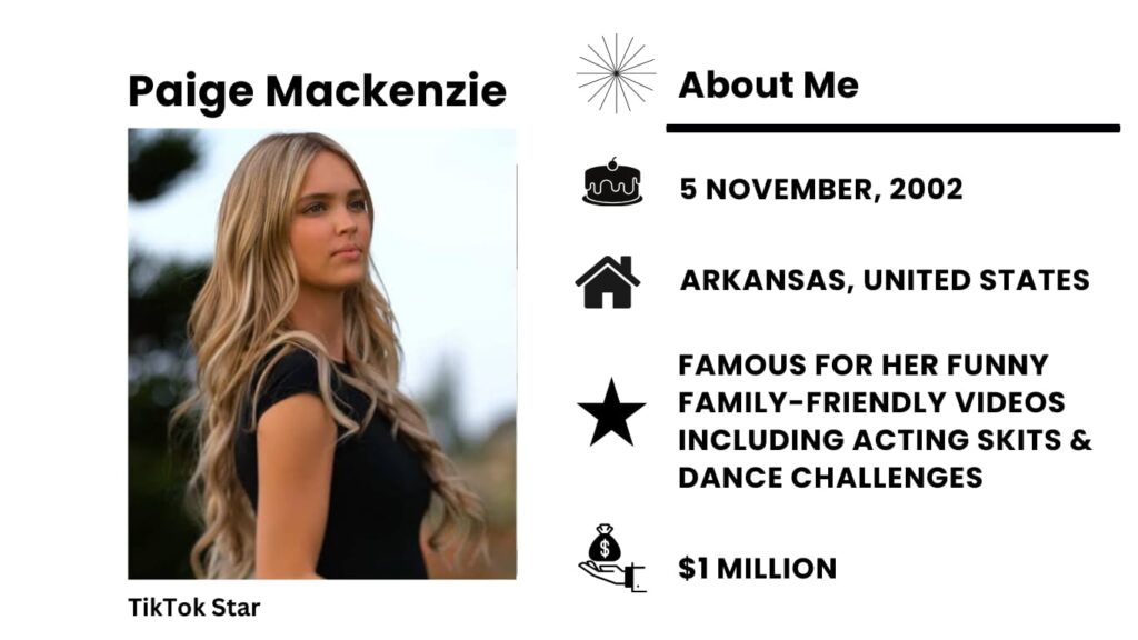 Paige Mackenzie Net Worth, Wiki, Height, Age, Family, Boyfriend and Career Paige Mackenzie is famous on TikTok, was born on November 5, 2002.