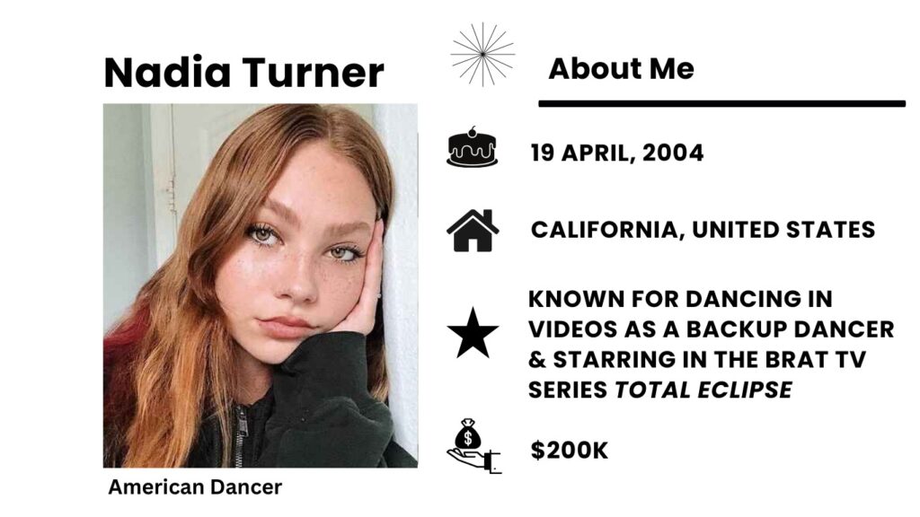 Nadia Turner Net Worth, Wiki, Height, Age, Family, Boyfriend and Career Nadia Turner, also known as Nadia Constance Turner, is an actress and dancer from America.