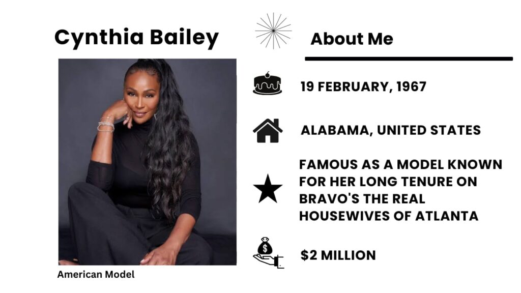Cynthia Bailey Net Worth, Wiki, Height, Age, Family, Husband and Career Cynthia Bailey full name is Cynthia Denise Bailey, is a model, a TV star, and also an actress from America.