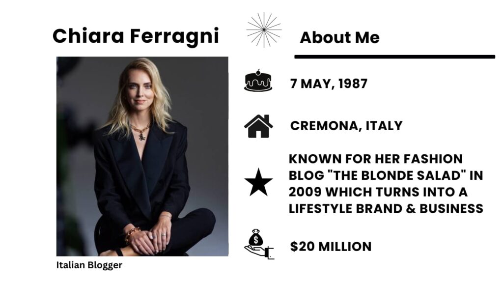 Chiara Ferragni Net Worth, Wiki, Height, Age, Family, Husband and Career Chiara Ferragni is a model, blogger, and businesswoman who lives and works in Italy.