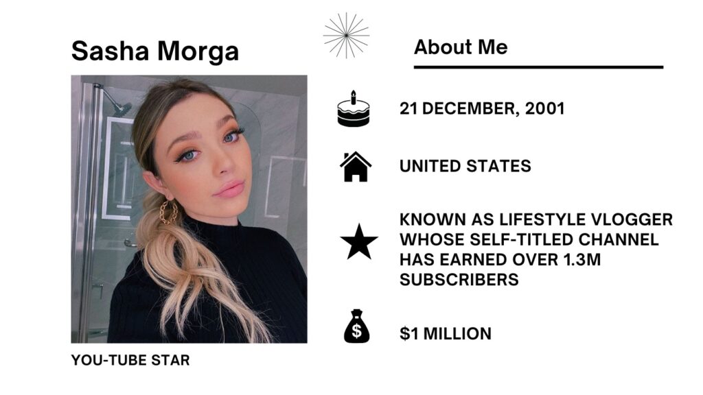 Sasha Morga Net Worth, Wiki, Height, Age, Family, Boyfriend and Career Sasha Morga is a YouTuber from America and a social media influencer, famous for interesting content about beauty, fashion, and lifestyle.