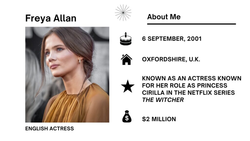 Freya Allan Net Worth, Wiki, Height, Age, Family, Boyfriend and Career Freya Allan is an actress from Britain, specifically England. People know her best from her role as Princess Cirilla of Cintra on the Netflix show The Witcher.