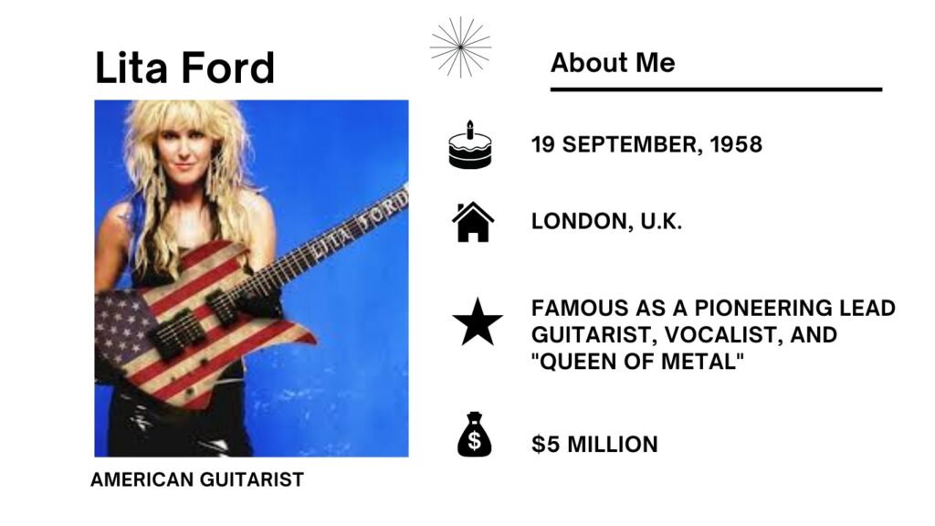 Lita Ford Net Worth, Wiki, Height, Age, Family, Husband and Career Lita Ford real name is Lita Rossana Ford, born September 19, 1958, is an American guitarist, singer, and composer.