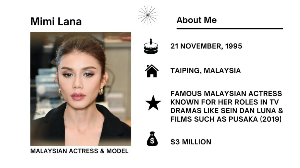 Mimi Lana Net Worth, Wiki, Height, Age, Family, Boyfriend and Career Mimi Lana real name is Mimi Rozaiana Zainal Abidin, is a Malaysian actress and model admired for her varied parts in TV shows and movies.