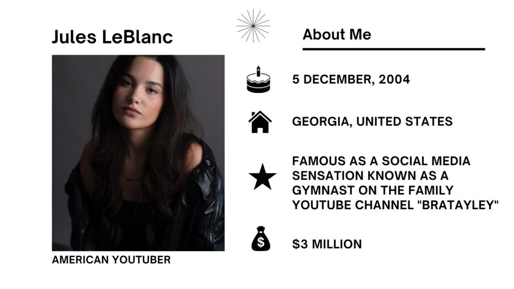 Jules LeBlanc Net Worth, Wiki, Height, Age, Family, Boyfriend and Career Jules LeBlanc real name is Julianna Grace LeBlanc, is a US YouTuber, performer, vocalist, and former gymnast.