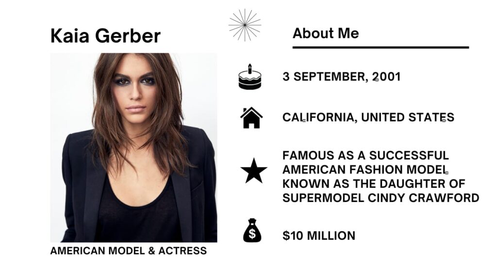 Kaia Gerber Net Worth, Wiki, Height, Age, Family, Boyfriend and Career Kaia Gerber full name is Kaia Jordan Gerber, is an American model and actress who has rapidly achieved fame within the clothing industry.