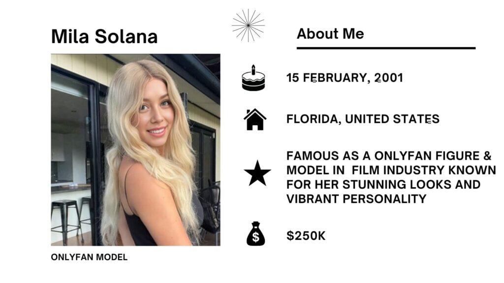 Mila Solana Net Worth, Wiki, Height, Age, Family, Boyfriend and Career Mila Solana is an American model and actress recognized for her roles in movies, advertising campaigns, and professional picture taking.