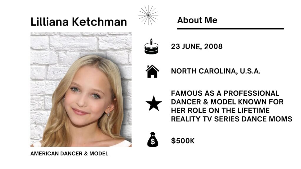 Lilliana Ketchman Net worth, Wiki, Height, Age, Family, Boyfriend and Career Lilliana Ketchman is an American dancer, actress and YouTube star is most recognized globally for being on the TV show “Dance Moms” (2016-2019).