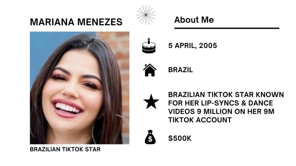 Mariana Menezes Net Worth, Wiki, Height, Age, Family, Boyfriend and Career Mariana Menezes is a well-liked TikTok creator, media figure, online personality, and social media star alongside being a public figure.