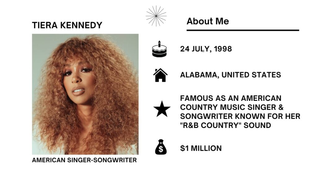 Tiera Kennedy Net Worth, Wiki, Husband, Age, Height, Song and Career Tiera Kennedy works as a country music singer and songwriter. Tiera also serves as the Host for the Tiera Show on Apple Music.