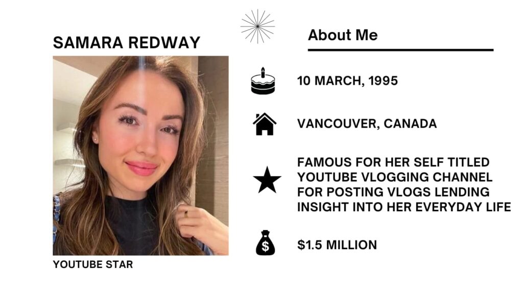 Samara Redway Net Worth, Wiki, Height, Age, Family, Husband and Career Samara Redway was born on March 10, 1995, in Vancouver, Canada. She has gained recognition and praise as a well liked YouTuber.