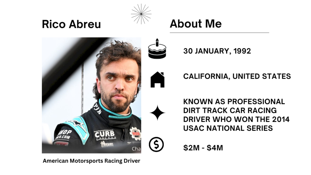 Rico Abreu Net Worth, Wife, Age, Height, Parents, Car Racing and Career Rico Abreu is a well-known American professional sprint car and stock car racing driver who has emerged as one of the most famous names in dirt track racing.
