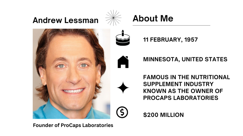 Andrew Lessman Net Worth, Wife, Wiki, Age, Height, ProCaps and Career Andrew Lessman is a well-known American business owner, biochemist, and attorney famous for starting ProCaps Laboratories, a top vitamin and supplement maker globally.