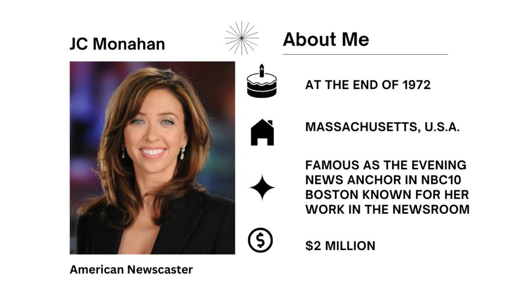 JC Monahan Net Worth, Salary, Wiki, Age, Height, Husband and Career JC Monahan is an American broadcast journalist and a television news presenter located in Boston, Massachusetts.