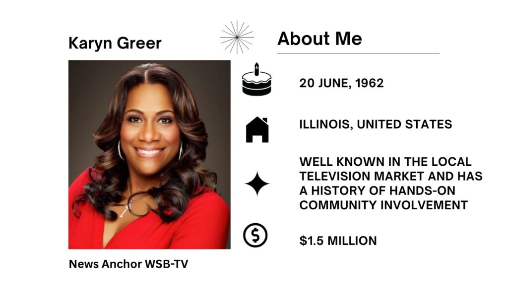 Karyn Greer Net Worth, Salary, Wiki, Age, Height, Son, Husband and Career Karyn Greer is a journalist who has won an Emmy Award and currently reports investigations for WGCL/CBS46 situated in Atlanta, Georgia.