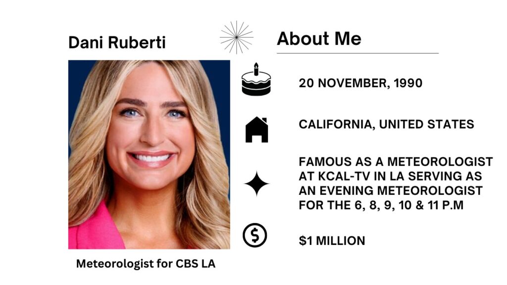 Dani Ruberti Net Worth, Salary, Age, Husband, Height, Meteorologist and Career Dani Ruberti is an American meteorologist, reporter, and digital journalist who is employed by KCBS-TV and KCAL-TV in Los Angeles.