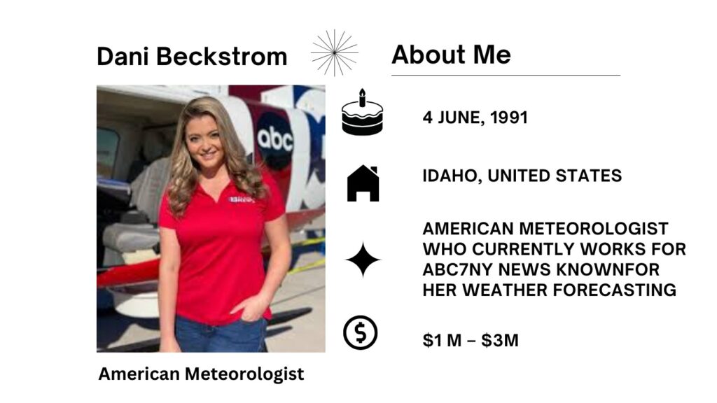 Dani Beckstrom Net Worth, Salary, Wiki, Age, Height, Parents, Husband, ABC 7 and Career Dani Beckstrom is a notable American meteorologist who became part of ABC7NY in August 2022.