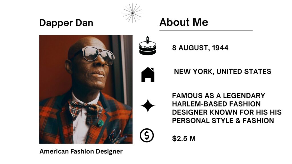 Dapper Dan Net Worth, Gucci, Doll, Wiki, Age, Height, Wife and Career Dapper Dan is a famous American fashion designer, business owner, and cultural figure who totally changed how fashion works with his imaginative styles.