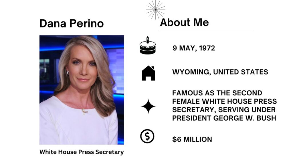 Dana Perino Measurements, Net Worth, Journalism, Age, Height, Husband and Career Dana Perino is an American political pundit, writer, and former White House Press Secretary recognized for her involvement during President George W. Bush's administration and her contributions to Fox News.