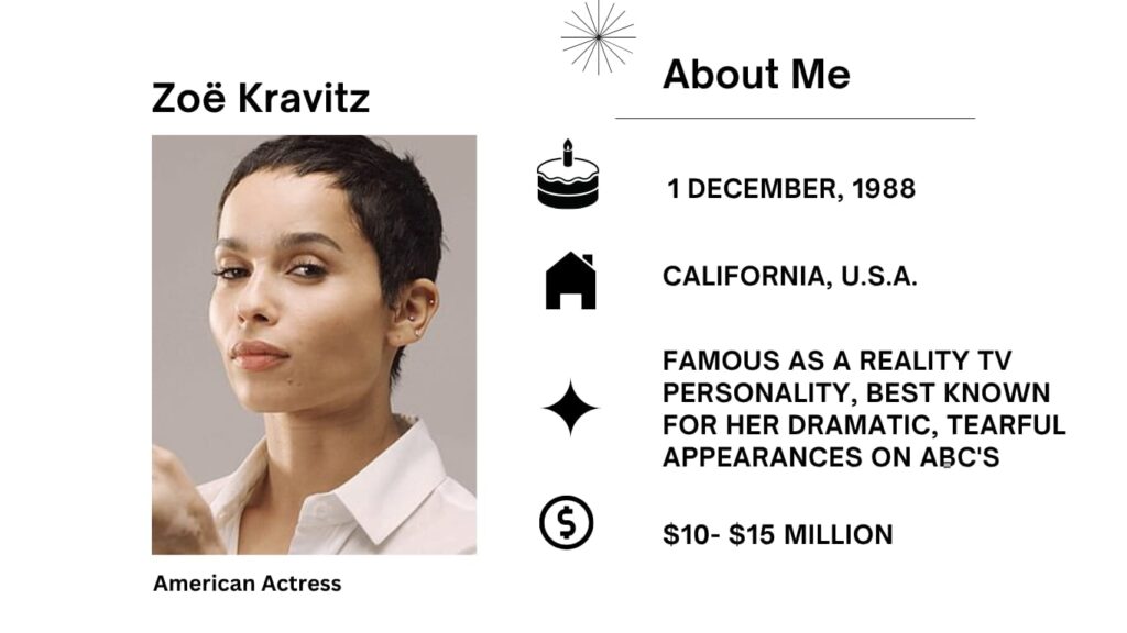 Zoë Kravitz Net Worth, Husband, Wiki, Age, Height, Parents, Movies and Career Zoë Kravitz was born on December 1, 1988 is an American actress and director known for playing multifaceted, quietly powerful women in a variety of roles.