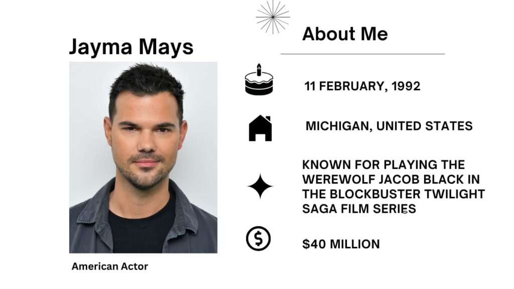 Taylor Lautner Net Worth, Wife, Wiki, Age, Height, Movies and Career Taylor Daniel Lautner was born February 11, 1992 is an American actor. He is best known for playing the werewolf Jacob Black in The Twilight Saga film series (2008–2012).