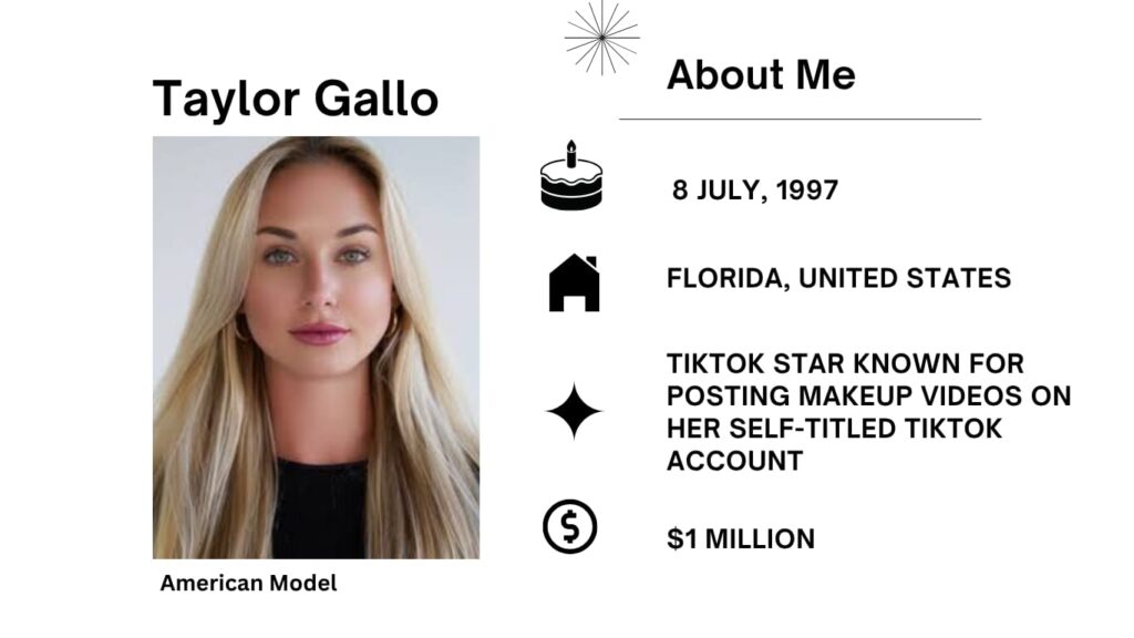Taylor Gallo Net Worth, Wiki, Age, Height, Boyfriend, Modeling and Career Taylor Gallo is an American model, Instagram star, and digital content creator known for sharing fashion, fitness, and lifestyle posts online.