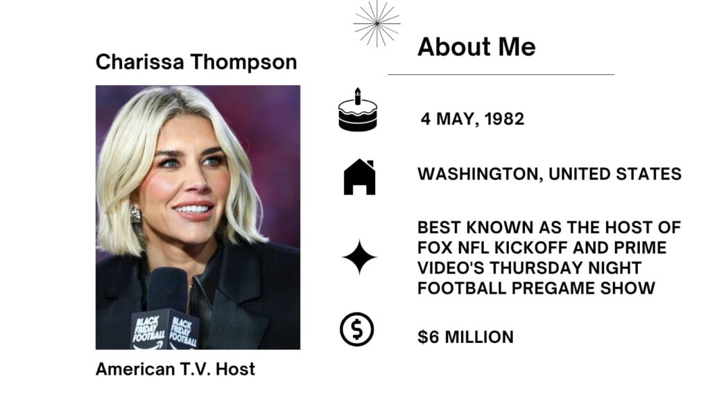 Charissa Thompson Net Worth, Husband, Wiki, Age, Height, Fox News and Career Charissa Thompson is an American Television Host and Sportscaster. She is working for Fox Sports and Amazon Prime Video.