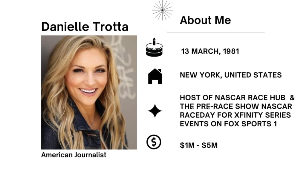 Danielle Trotta Net Worth, Husband, Wiki, Age, Height, Parents, Fox News and Career Danielle Trotta is a pro motorsports broadcaster who has spent over two many years in sports activities journalism. She received prominence as the co-host of NASCAR Race Hub on Fox Sports 1 from 2012 to 2017.