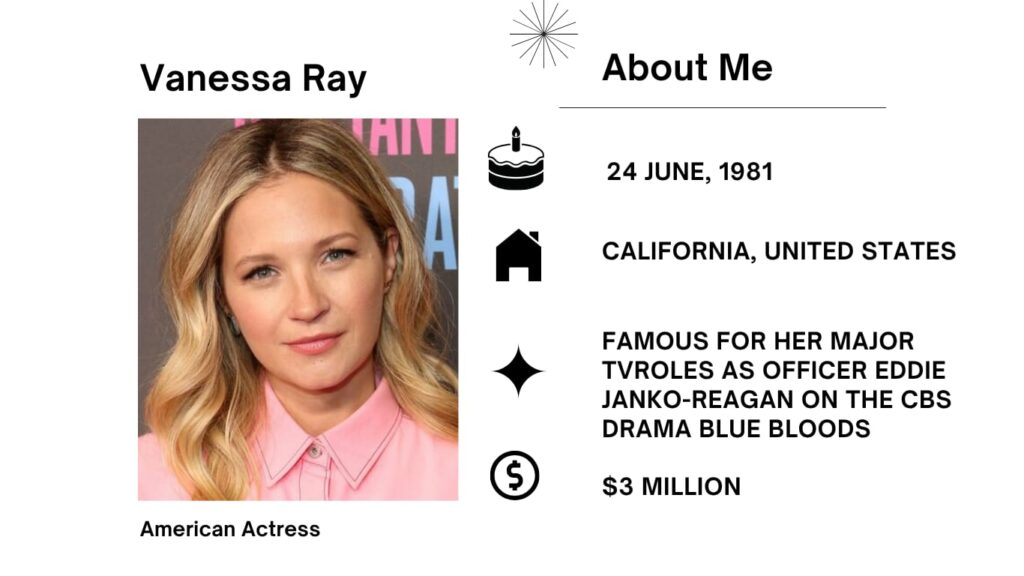 Vanessa Ray Net Worth, Husband, Wiki, Age, Height, Movies and Career Vanessa Ray was born on 24 June 1981 in Livermore, California, United States.