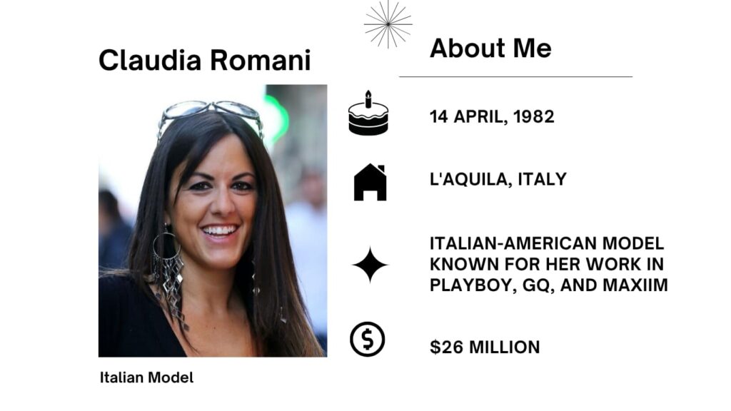 Claudia Romani Net Worth, Husband, Wiki, Age, Height, Models and Career Claudia Romani was born on 14 April 1982 in L’Aquila, Abruzzo, Italy. She studied Multimedia Design at Lyngby Uddannelse Center, Denmark. Her Ethnicity is White.