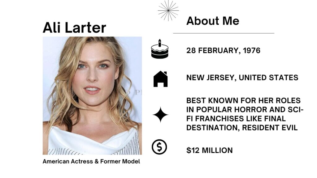 Ali Larter Net Worth, Husband, Wiki, Age, Height, Parents, Movies and Career Ali Larter is an American Actress and Former Fashion Model. She was born on 28 February 1976 in Cherry Hill, New Jersey, United States.