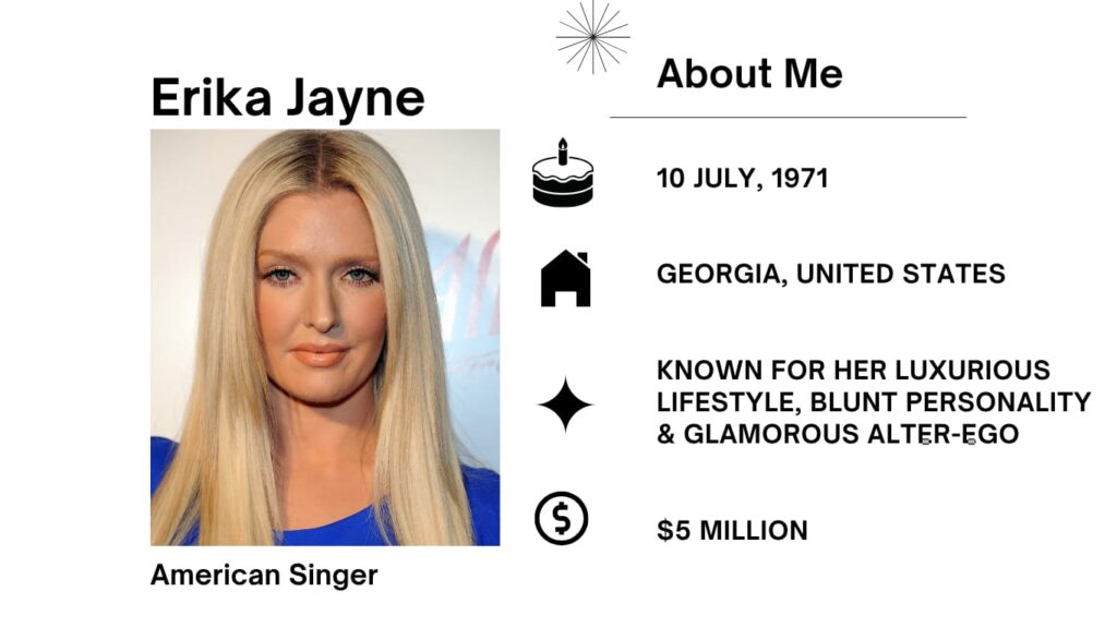 Erika Jayne Net Worth, Husband, Wiki, Age, Height, Parents, Songs and Career Erika Jayne real nsme is Erika Nay Girardi, was born on July 10, 1971, in Atlanta, Georgia, is an American singer, tv personality, and actress.