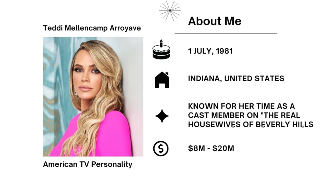 Teddi Mellencamp Arroyave Net Worth, Husband, Wiki, Age, Height, Parents, TV and Career Teddi Mellencamp Arroyave is an American Television Personality, Podcast Host, and Accountability Coach.