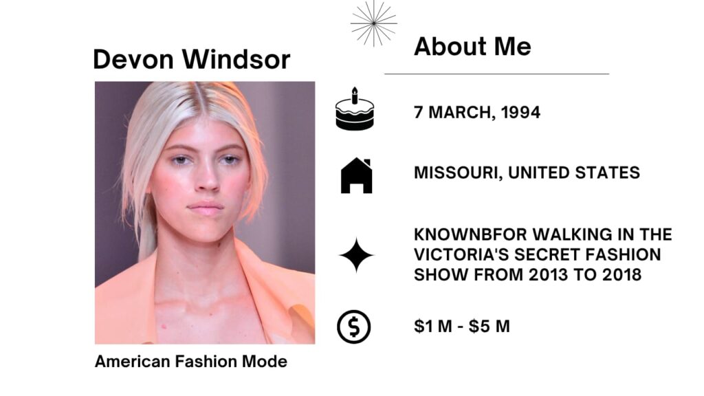 Devon Windsor Net Worth, Husband, Wiki, Age, Height, Parents, Modeling and Career Devon Elizabeth Windsor was born on March 7, 1994 is an American trend model, fantastic acknowledged for her work with Victoria's Secret, having walked in their annual trend exhibit from 2013 to 2018.