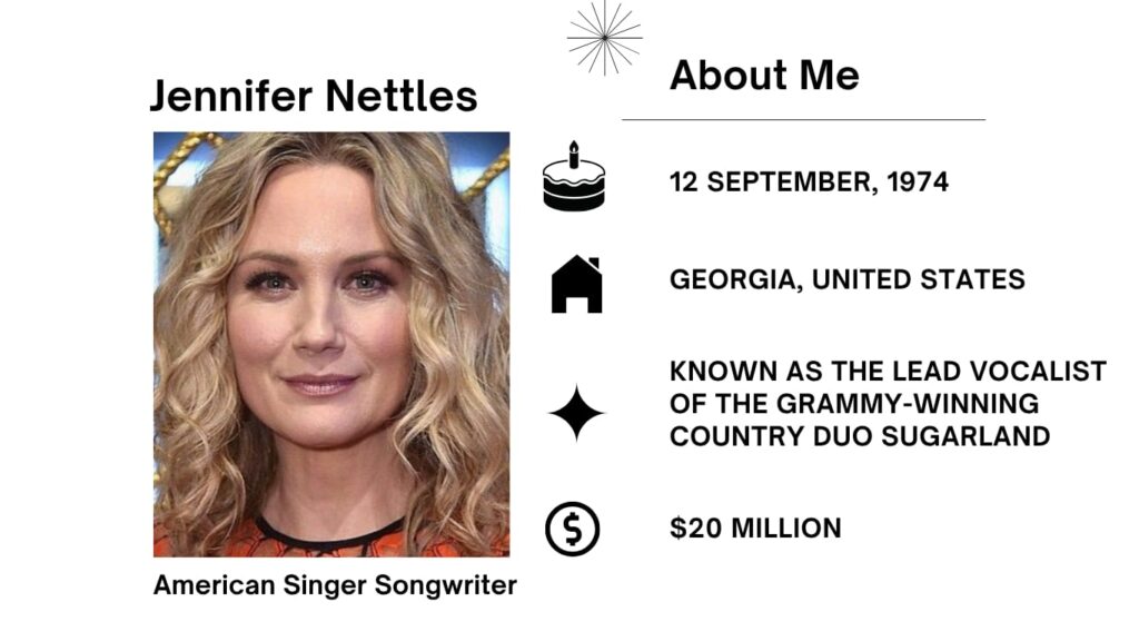Jennifer Nettles Net Worth, Husband, Wiki, Age, Height, Parents, Songs and Career Jennifer Odessa Nettles is an American singer, songwriter, actress, and file producer.