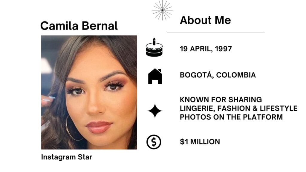 Camila Bernal Net Worth, Model, Wiki, Age, Height, Parents, Boyfriend and Career Camila Bernal is a Colombian Instagram superstar and trend mannequin who won recognition thru social media.