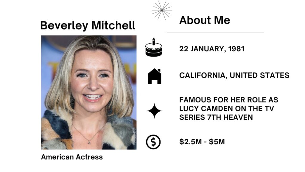 Beverley Mitchell Net Worth, Husband, Wiki, Age, Height, Parents, Movies and Career Beverley Mitchell was born on January 22, 1981, in Arcadia, California, is an American actress and us of a song singer.