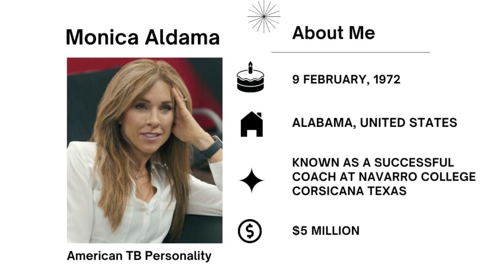 Monica Aldama Height, Net Worth, Husband, Wiki, Age, Parents, Coach and Career Monica Aldama is an American cheerleading instruct presently working as the train of the co-ed cheerleading group in Corsicana, Texas at Navarro College.