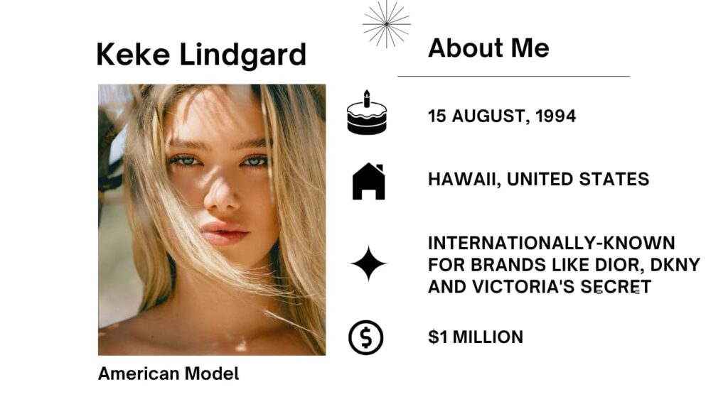 Keke Lindgard Height, Boyfriend, Net Worth, Wiki, Age, Modeling and Career Keke Lindgard is an American trend mannequin from Hawaii, regarded for her work with pinnacle designers and her look in the 2016 Victoria’s Secret Fashion Show.