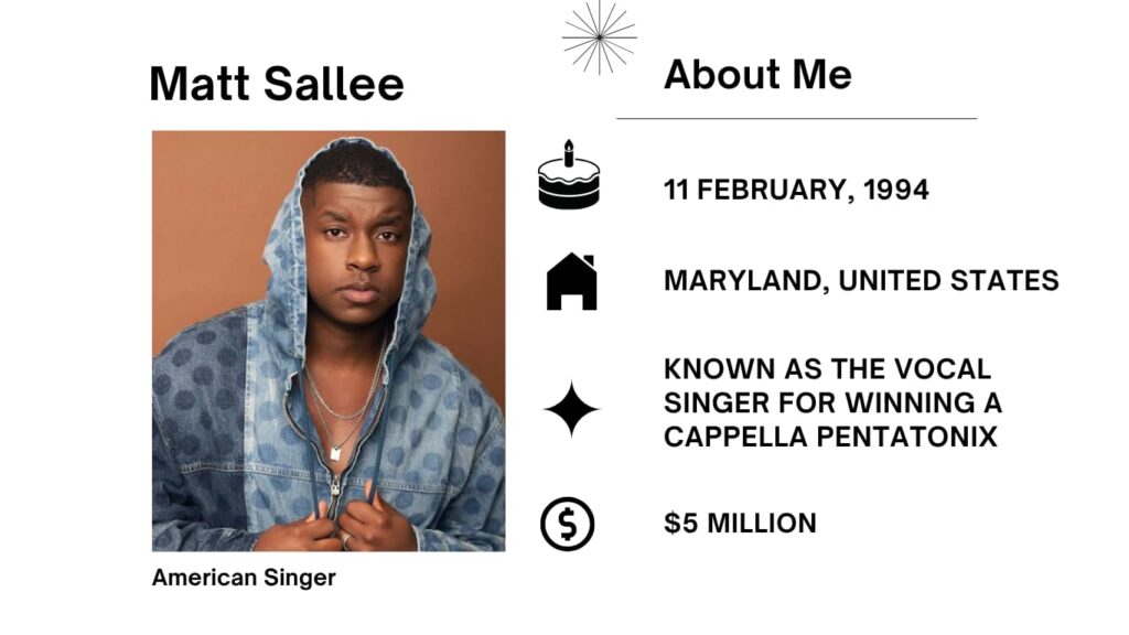 Matt Sallee Net Worth, Wife, Wiki, Age, Height, Parents, Songs and Career Matt Sallee an American singer started his tune profession with a Cappella team The Ramtations.