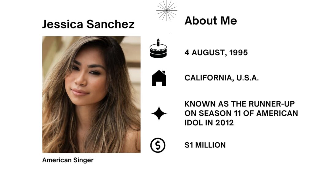 Jessica Sanchez Net Worth, Husband, Wiki, Age, Height, Parents, Songs and Career Jessica Elizabeth Sanchez was born on August 4, 1995 is an American singer-songwriter. She rose to prominence following her runner-up end on the eleventh season of American Idol.